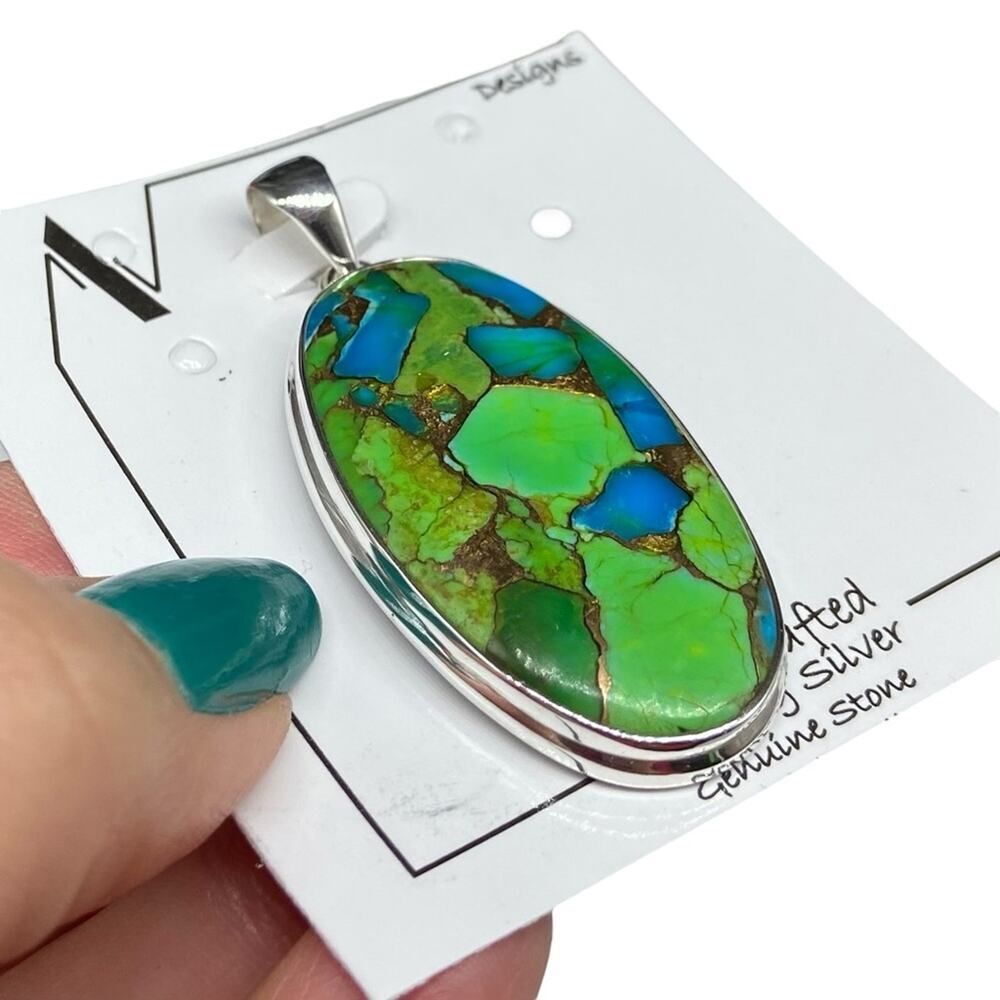 Kingman Turquoise Necklace Pendant Oval Solid 925 Sterling Silver Green Blue - Picture 7 of 8